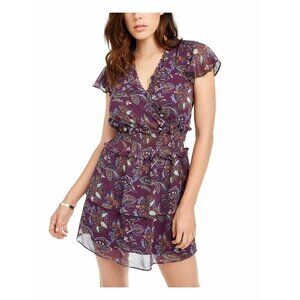 New Q + A XS Boho Smocked Waist Dress Purple Flora